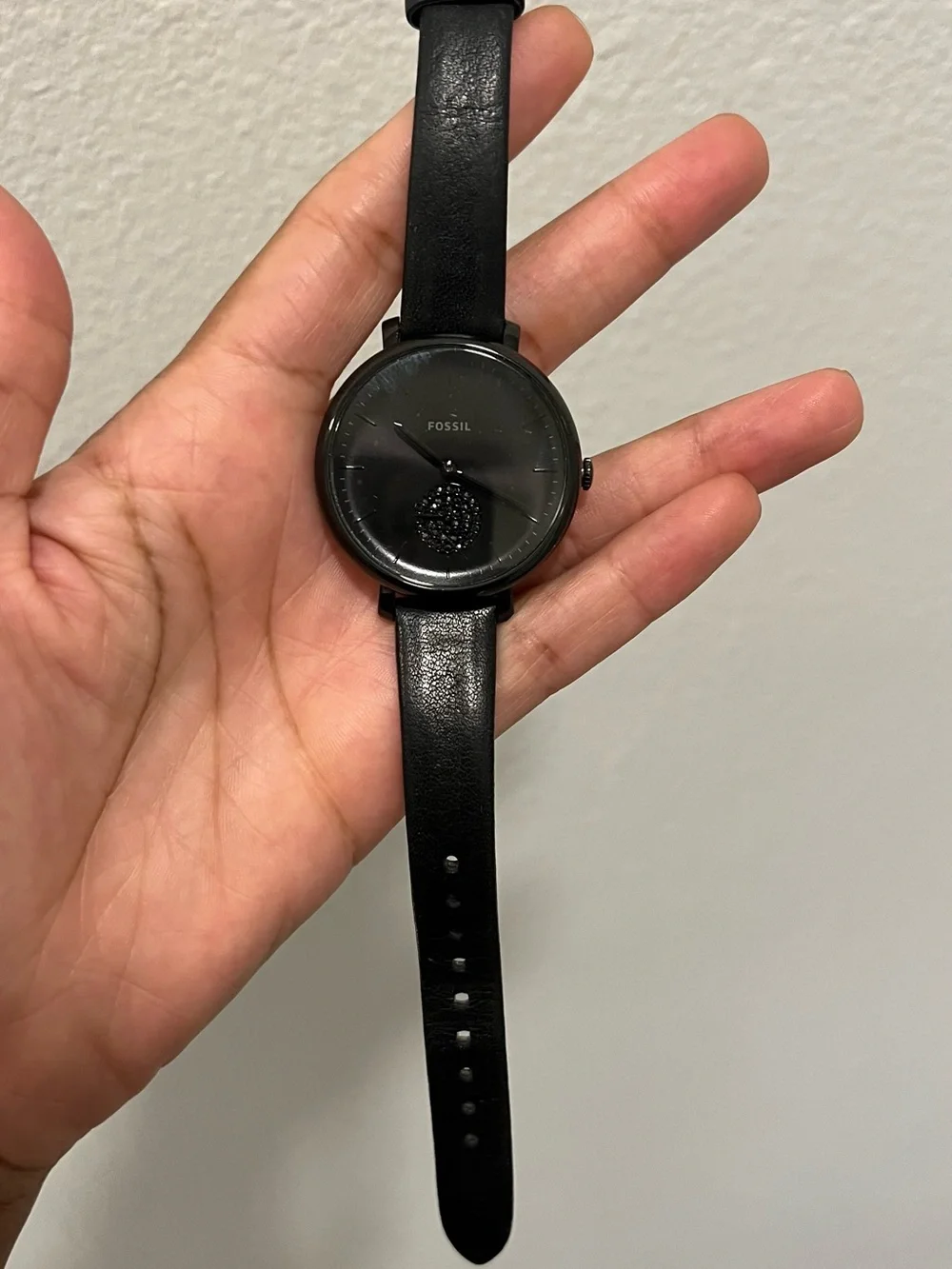 Fossil Black Leather Strap woman Watch with Black Dial